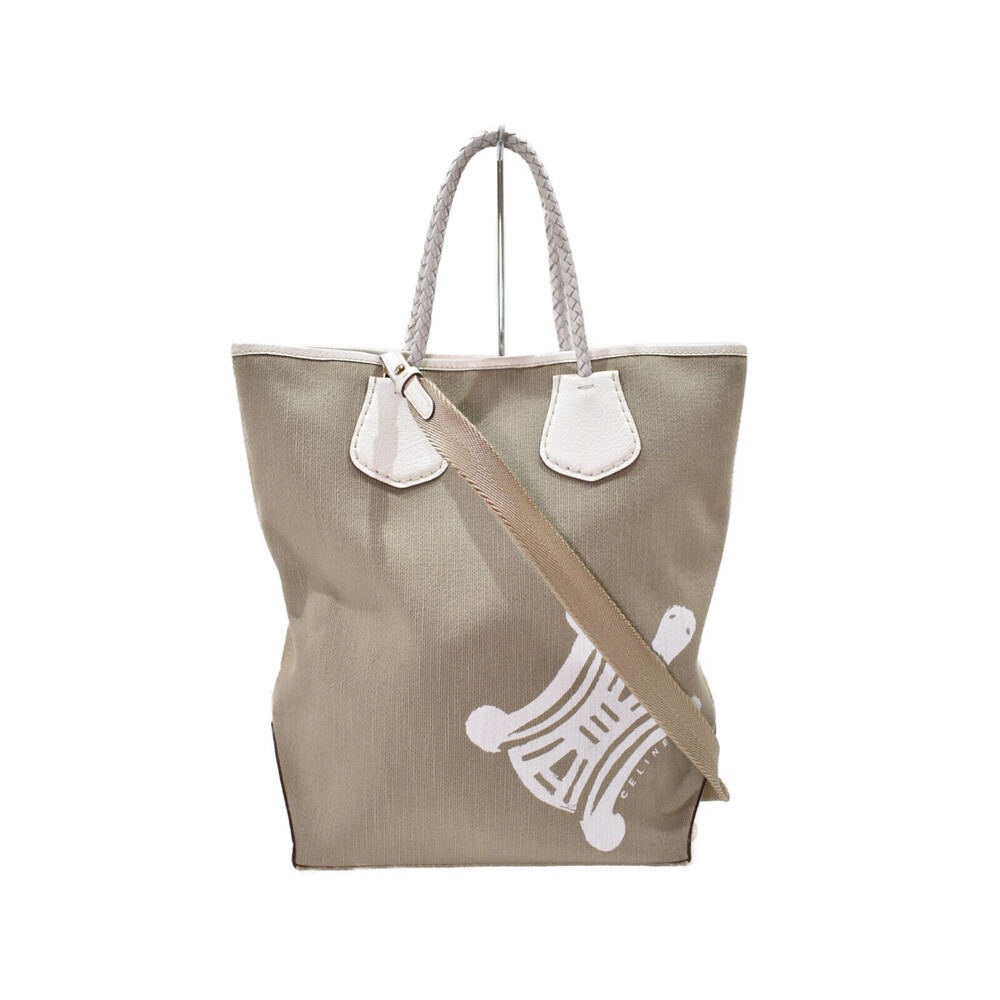CELINE Tote Bag Greige Gray White Canvas Leather Macadam shoulder the